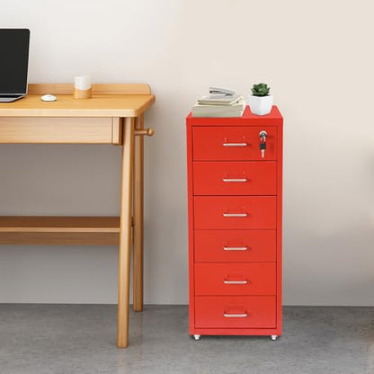 OUKANING 6 Drawer Vertical File Cabinet, Red Metal Office Storage Cabinet with Wheels, Movable Under Desk Cabinets, Freestanding Organizer for Home Office, 11x16x27in, Assembly Required - color: Red