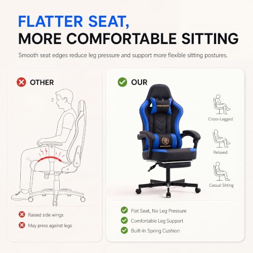 Desk Computer Gaming Chair - High Back Ergonomic Office Chair with Footrest and Lumbar Support, Swivel Comfy Home Gamer Video Game Chairs with Pocket Spring Cushion for Adults (Blue Leather) - color: Classic Blue Leather