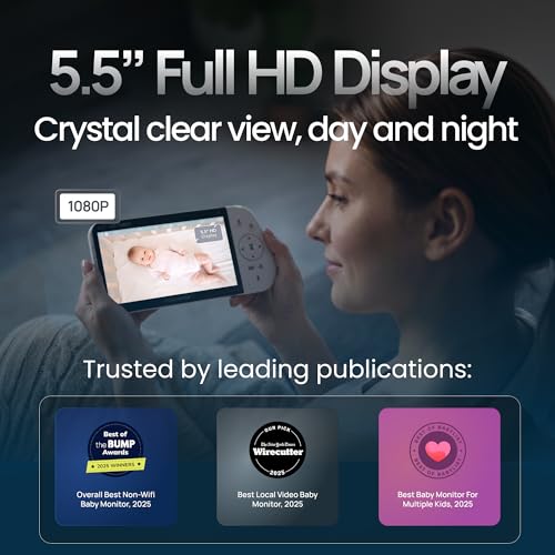 Babysense PRO Non-WiFi Full HD 5.5" Split Screen Baby Monitor with Camera and Audio, 6-Color Night Light, White Noise, Sound & Light Machine, 20-Hour Battery, Hack-Proof Secure Connection - size: 5.5 Inch 1 CAM