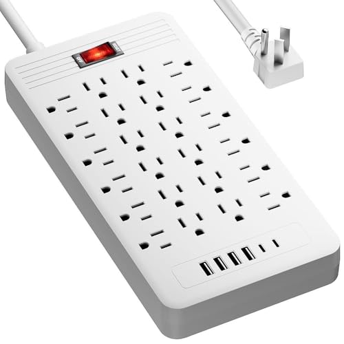 24 Outlets Surge Protector Power Strip - 5 Feet Flat Plug Extension Cord with 24 Widely Outlets and 4 USB Ports, 2 USB C Ports,Portable Outlet Extender, Wall Mountable for Home Office Dorm Room - color: White, size: 5FT