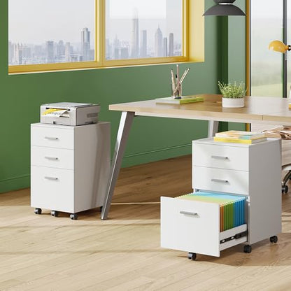 DEVAISE 3 Drawer Wood Mobile File Cabinet, Rolling Filing Cabinet for Letter/A4 Size, White - color: White, size: 15.7"D x 16.2"W x 25.7"H