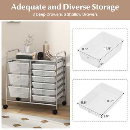 RELAX4LIFE 9 Drawer Rolling Storage Cart - Mobile Drawer Carts for Craft Art Supply Paper Salon, Utility Cart on Wheels for Classroom Teacher School Office, Rolling Cart with Drawers (Clear) - color: Clear, style: 9 Drawers