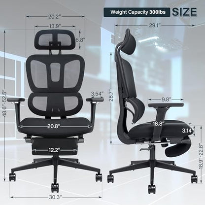 Ergonomic Office Chair with Retractable Footrest, Black | High Back Design, Dynamic Lumbar Support, 2D Headrest & 4D Armrests, Breathable Mesh Back for Home Office - color: Black