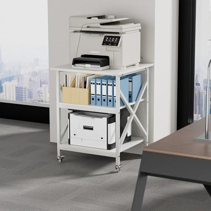 3 Tier Printer Stand, Large 23.6"x23.6" Printer Table with Wheels | 3d Rolling Printer Cart with Height Adjustable Storage Shelf,Fit printer/fax/3d/scanner for Home Office, White - color: White