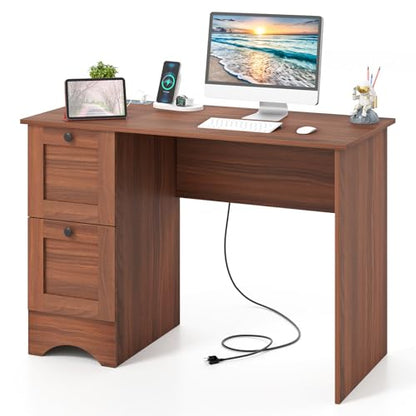 GIANTEX Computer Desk with 2 Drawers, 43” Wooden Home Office Desk with Charging Station, Compact Study Writing Desk, Modern Laptop PC Desk Workstation for Bedroom, Living Room (Walnut) - color: Walnut