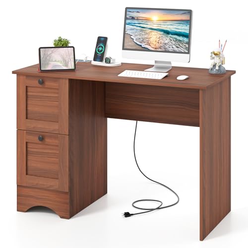 GIANTEX Computer Desk with 2 Drawers, 43” Wooden Home Office Desk with Charging Station, Compact Study Writing Desk, Modern Laptop PC Desk Workstation for Bedroom, Living Room (Walnut) - color: Walnut