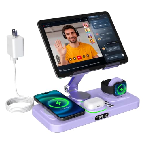 6 in 1 Wireless Charger for Apple Multiple Devices, Charging Station with Clock &7 Color Ambient Light, Foldable Rotate Stand for iPad, for iPhone18/17/16/15, Support for Apple Watch12/11 For AirPods5 - color: Violet