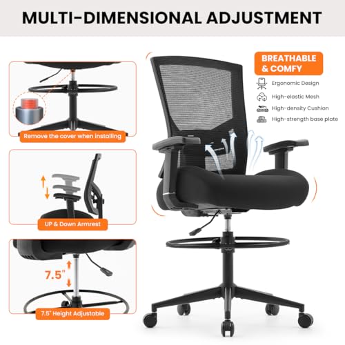 500lbs Drafting Chair,Big and Tall Office Chair for Standing Desk with Wide Seat,2D Adjustable Lumbar Support,Ergonomic Office Chair with Footrest for Home,Drawing or Counter Height Use