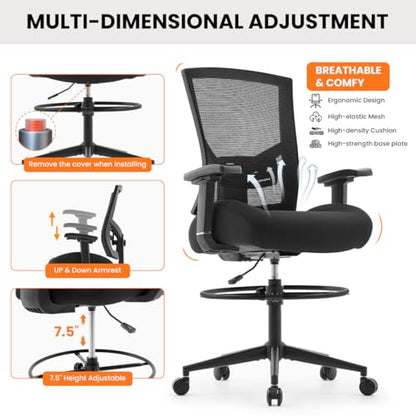 500lbs Drafting Chair,Big and Tall Office Chair for Standing Desk with Wide Seat,2D Adjustable Lumbar Support,Ergonomic Office Chair with Footrest for Home,Drawing or Counter Height Use