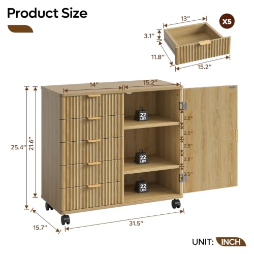 Bestier Office Storage Cabinet with 5 Drawer Adjustable Shelf, Oak - color: Oak