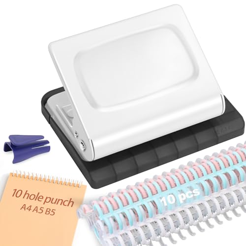 10 Hole Punch Binding Machine for Planners with 10 Multi-Color Binder Rings | 30 Holes on A4, 20 Holes on A5, 26 Holes on B5, 10 Sheet Capacity (White) - color: White