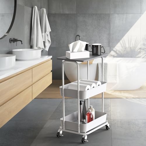 Simple Houseware 2-Tier Rolling Utility Cart Wood Top/Lockable Wheel, Gray | Metal Storage Organizer Trolley for Kitchen, Bathroom, Office, Craft Room - color: Grey