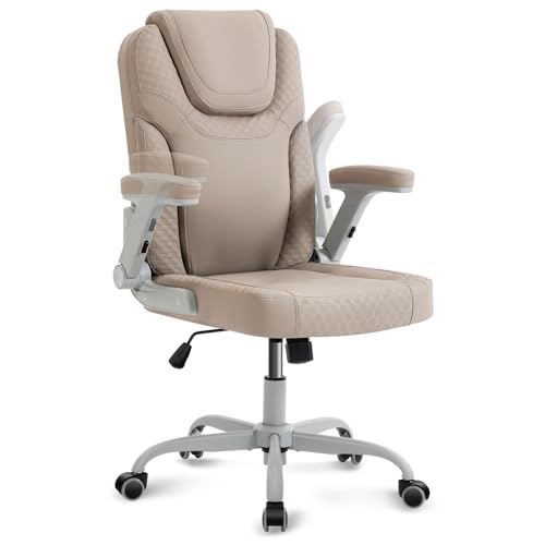 SEATZONE Beige Office Chair Ergonomic Desk Chair with Lumbar Support, Flip-Up Arms, Adjustable Swivel Computer Chair with Wheels, PU Leather Executive Task Chair for Home Office Small Space - color: Beige
