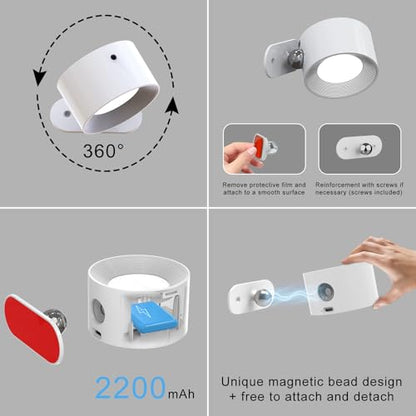 AKSDA 3Pack Battery Operated Wall Sconce, 3 Color Modes 3 Brightness Levels 360°Rotation Lighting Timer Touch & Remote Control, Wall Mounted Lamp LED Wall Lights for Bedroom Reading Bedside (White) - color: White-3PC