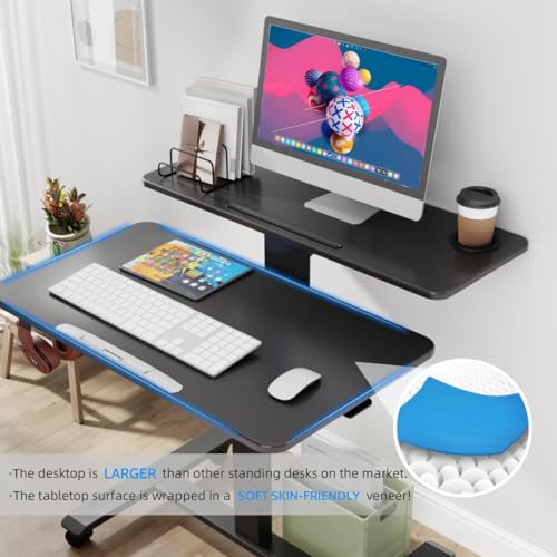 Pneumatic Standing Desk with Wheels - Adjustable Height 28" - 46" & 0-90° Tilt, 31.5" x 17.7" Skin-Feel Desktop, Rolling Computer Desk for Home Office, Hospital, School (Black) - color: Black