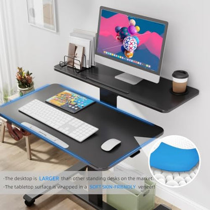 Pneumatic Standing Desk with Wheels - Adjustable Height 28" - 46" & 0-90° Tilt, 31.5" x 17.7" Skin-Feel Desktop, Rolling Computer Desk for Home Office, Hospital, School (Black) - color: Black