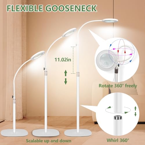 HITTI 10X & 30X Floor Magnifying Glass with Light, Standing Mag Lamp for Close Work, Esthetician, Jewellery, Crafts, Lash, Adjustable Color Modes and Flexible Gooseneck LED Lighted Magnifier(White)