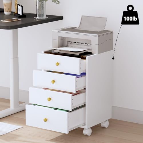 Under Desk Storage, 4 Drawer Small File Cabinet, Chest of Drawer with Glass Top, Mobile Printer Stand with Lockable Wheels for Home Office Study, White