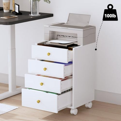 Under Desk Storage, 4 Drawer Small File Cabinet, Chest of Drawer with Glass Top, Mobile Printer Stand with Lockable Wheels for Home Office Study, White