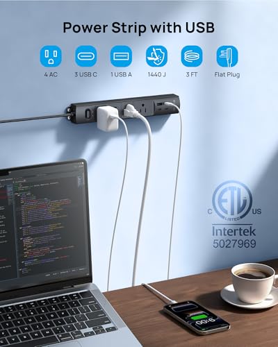 TROND Wall Mount Power Strip Surge Protector with USB C Ports, 4 AC, 3 ft - color: Black, size: 3FT Flat Plug