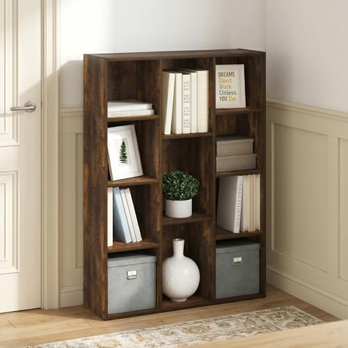 11-Cube Bookshelf, Reversible Bookcase, Book Shelf, Cube Storage Organizer, 9.4 x 29.1 x 41.7, for Home Office, Living Room, Bedroom, Amber Pine - color: Amber Pine, size: 11 Cube