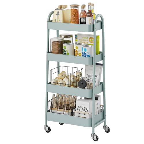 DUMOS 4 Tiers Rolling Utility Cart, Storage Organizer, Shelving Unit | Metal, Lockable Wheels, Mobile, Kitchen, Bathroom, Laundry, Narrow Places, Light Green - color: 4-tier Green