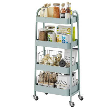 DUMOS 4 Tiers Rolling Utility Cart, Storage Organizer, Shelving Unit | Metal, Lockable Wheels, Mobile, Kitchen, Bathroom, Laundry, Narrow Places, Light Green - color: 4-tier Green