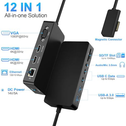 Surface Docking Station Triple Displays Dual HDMI + VGA with Power Adapter,12 in 1 Surface Dock 2 for Microsoft Surface Pro 12/11/10/9/8/X/7/6/5/4/3,Surface Laptop 7/6/5/4/3/2/1,Surface Book Go