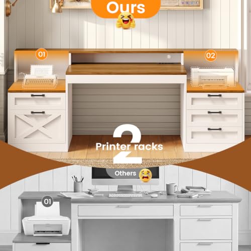 SEDETA 63" Farmhouse Office Desk with 5 Drawers, White and Brown | Executive Computer Desk with LED Lights & Monitor Stand, Wood Home Office Desk with 2 Printer Stand & Power Outlet - color: White and Brown, size: Executive Office Desk(63")