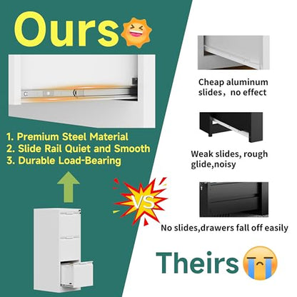3 Drawer Metal Vertical File Cabinet with Lock for Home Office | 17.8 Inch Depth,38.4 Inch High,Fits A4/Legal/Letter Size File,Easy Assembly,Adjustable Hanging Bar,White - color: White, size: 17.8"D x 15"W x 38.4"H（3 Drawers）