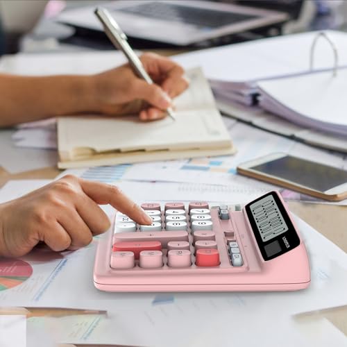 Desktop Calculator with Extra Large 5-Inch LCD Display, 12-Digit Two Way Power Solar & Battery Office Calculator with Big Buttons for Business, Accounting & Home Use(Pink) - color: Pink