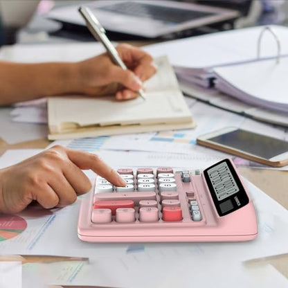 Desktop Calculator with Extra Large 5-Inch LCD Display, 12-Digit Two Way Power Solar & Battery Office Calculator with Big Buttons for Business, Accounting & Home Use(Pink) - color: Pink
