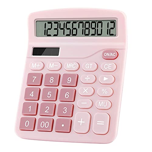 Office Calculators Desktop, 12-Digit Dual Power Cute Calculator with Large LCD Display Big Button for Office Home and School (Pink)