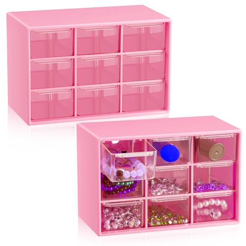 Wenqik 2 Pcs Mini Storage Drawers with 9 Clear Drawers,Rose Red - color: Rose Red
