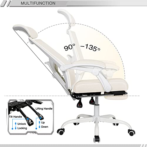 Qulomvs Mesh Ergonomic Office Chair with Footrest Home Office Desk Chair with Headrest and Backrest 90-135 Adjustable Computer Executive Desk Chair with Wheels 360 Swivel Task Chair - color: Cream White With Footrest