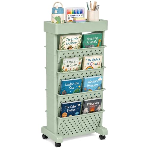 5-Tier Rolling Bookshelf Cart with Wheels, Green - color: Green, size: 5-Tier 26"H