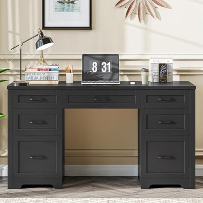 Vabches Home Office Desk with 7 Drawers, Pure Black. | Farmhouse 61'' Rustic Office Desk Computer Table with File Drawers, Wood Workstation for Home Office and Study. - color: 61in Pure Black
