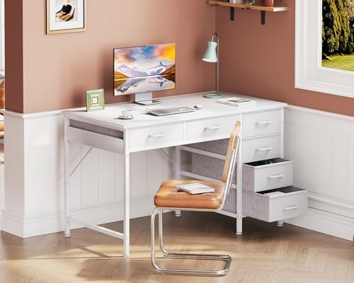 Casaottima 40 Inch Small Computer Desk with 6 Drawers, Reversible Storage Desk for Home Office, Work Study Table for Bedroom, White - color: White, size: 40 Inch
