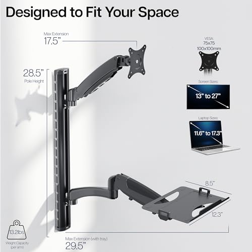 VIVO Sit-Stand Wall Mount Counterbalance Height Adjustable Monitor and Laptop Workstation for Screens up to 27 inches, STAND-SIT1L