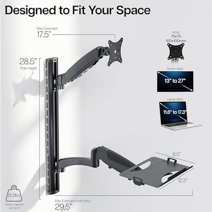 VIVO Sit-Stand Wall Mount Counterbalance Height Adjustable Monitor and Laptop Workstation for Screens up to 27 inches, STAND-SIT1L