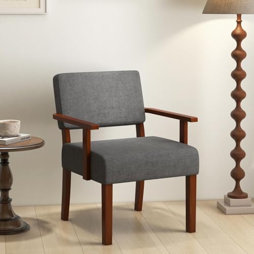 Giantex Mid Century Modern Accent Chair - Linen Living Room Arm Chair w/Soft Padded Seat & Backrest, Rubber Wood Frame, Upholstered Reading Chair for Living Room, Bedroom, Reception, Grey - color: Grey