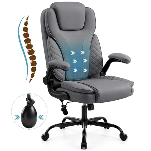 Ergonomic Office Chair, PU Leather High Back Executive Chair with Adjustable Inflatable Lumbar Support and Padded Flip-Up Arms, Recline Swivel Task Computer Chair for Home Office, Gray - color: Grey