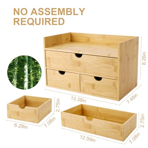 Charmewooden Bamboo Desk Organizer With Drawers Countertop Drawers Counter Storage Box Corner Desk Organizer for Home Office No Assembly Required - color: Natural Color(3 Drawers with shelf)