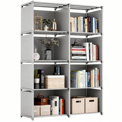 5 Tier Book Shelf, 8-Cube Storage Shelves, Tool-Free Assembly Kids Bookshelf, Bookcase Cube Storage Organizer for Kids Room, Living Room, Office, Bedroom, Study Room, (Grey, 5 Tier - 8 Cubes) - color: Grey - Double Row, size: 5 Tier - 8 Cubes