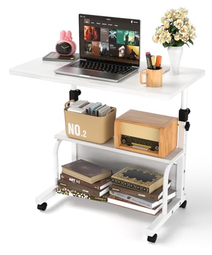 QZMDSM Portable Desk with Wheels Small Standing Desk on Wheels Adjustable Height Rolling Desks for Small Spaces, 32" Computer Desks with Storage Shelves for Home Office Study White - color: White