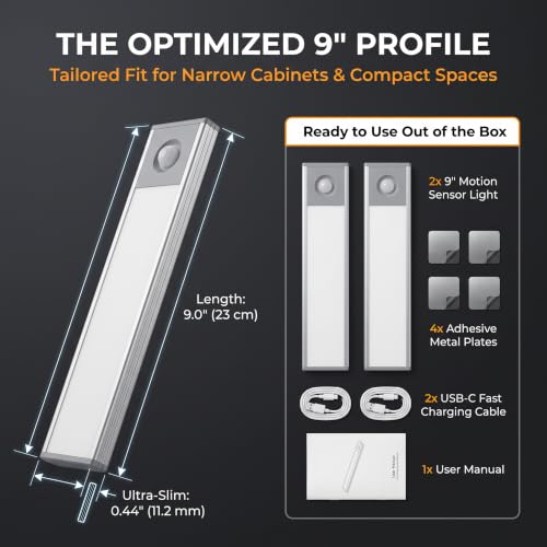 Under Cabinet Lighting, 3500mAh Motion Sensor Light Indoor, 2 Pack | 9 Inch, USB-C Rechargeable, 3H+ Fast Charging, 10s/20s/60s Timer, 5-Level Dimmable, Magnetic, Cool White for Kitchen & Closet - size: 9 Inch