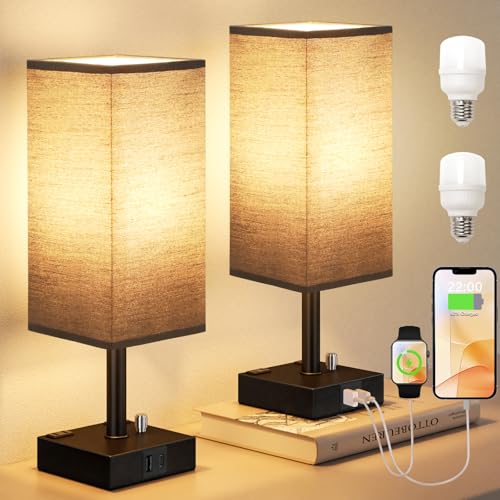 Black Bedside Table Lamps Set of 2 - Dimmable, USB C+A, 2 AC Outlets | Stepless Dimmable by Rotary Knob, 3000K LED Bulbs Included, Square Black Linen Shade, Nightstand Lamp for Living Room, Desk - color: Black