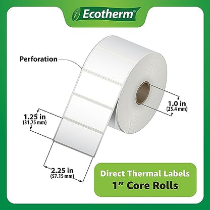 2.25" x 1.25" Thermal Labels | 4 Rolls | 1,135 Labels/Roll | 4,540 Total | fits Zebra, Munbyn, Rollo, Godex, Arkscan, iDPRT, Offnova Thermal Printers | Blank White Adhesive Stickers by Ecotherm - size: 2.25 x 1.25 - 4540 Labels