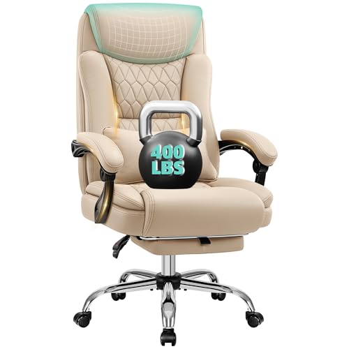 Big and Tall Office Chair 400lbs - Wide Memory Foam Seat with Lumbar Support, Reclining Executive Desk Chair with Footrest, Ergonomic Heavy Duty High Back Computer Chair, Khaki