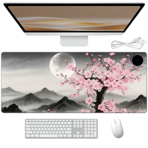 Heated Desk Pad 31.5" x 13" 3 Large Heated Mouse Pad with Heat Levels (40°C/45°C/50°C) & 3H Auto Shut-Off Desk Mat Fast Heating PU Leather Warmer Mousepad for Home Office - Cherry Blossom and Moon - color: Cherry Blossom and Moon, size: 31.5 x 13 inch